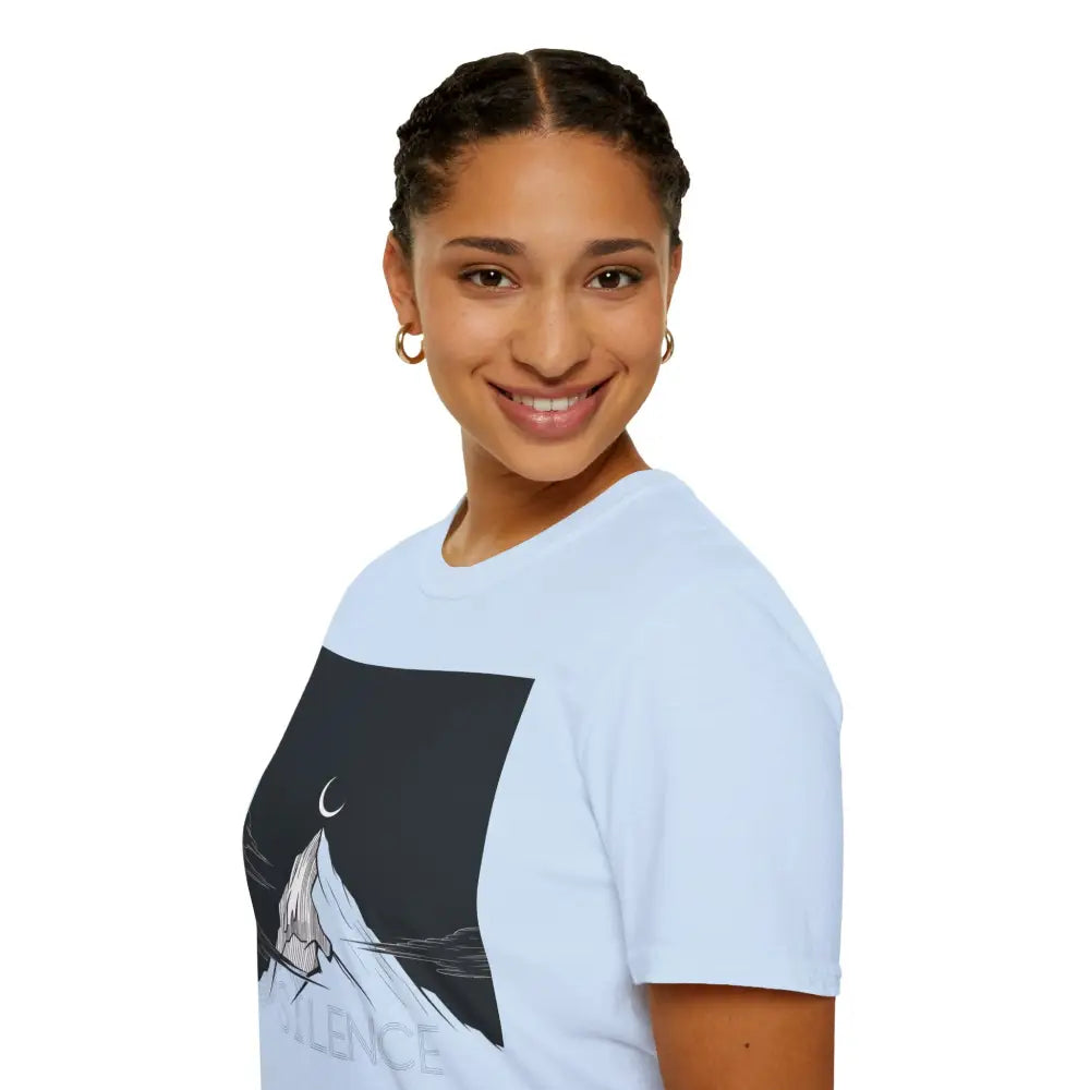 Smiling woman in unisex softstyle Mountain Silence T-Shirt with mountain graphic, low heat tumble dry