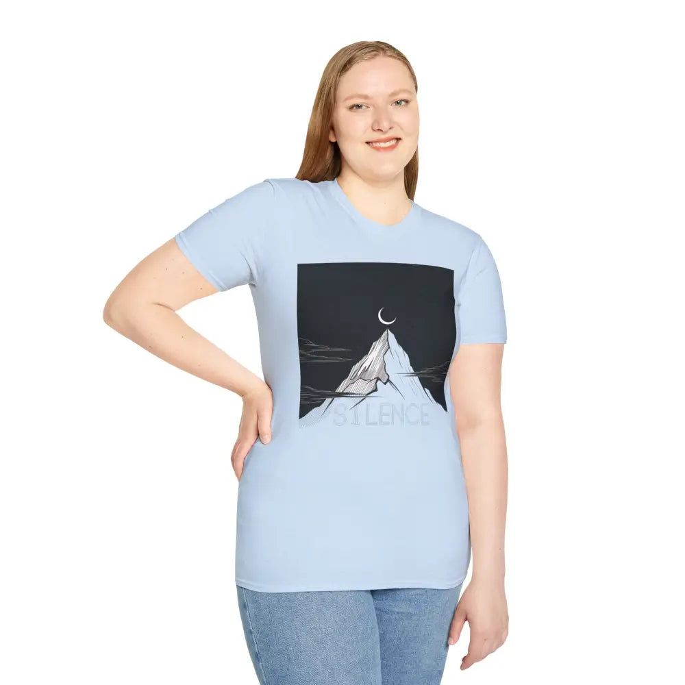 Light blue unisex softstyle T-shirt with mountain and crescent moon graphic for outdoors lovers