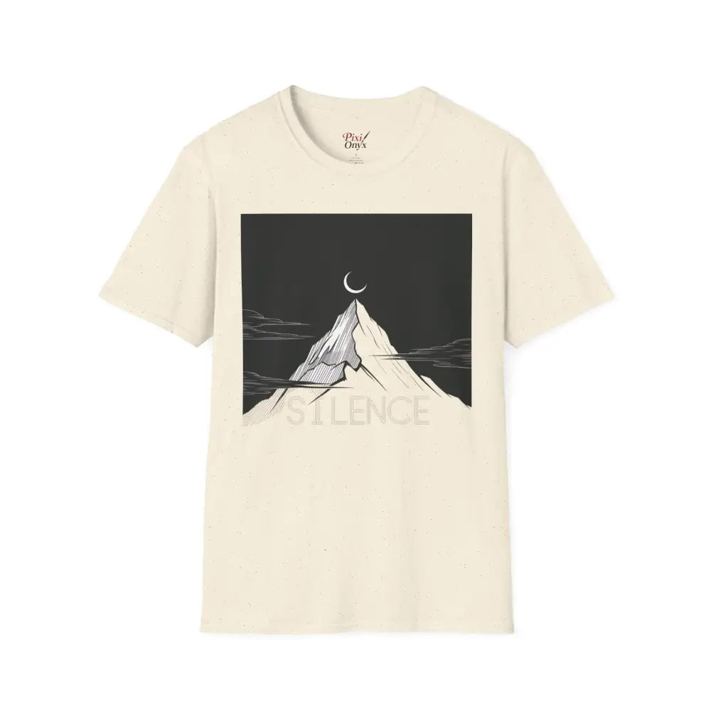 Cream-colored unisex softstyle T-shirt with mountain and crescent moon graphic, low heat tumble dry friendly