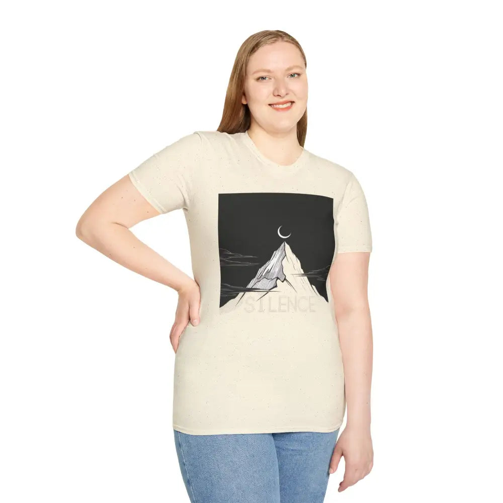 Off-white unisex softstyle mountain and crescent moon graphic T-shirt, low heat, tumble dry safe