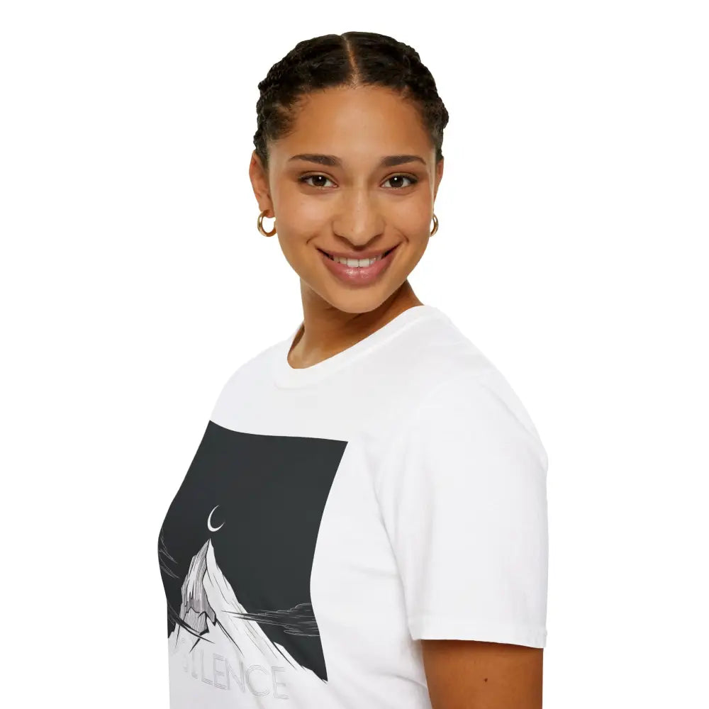 Woman wearing unisex softstyle Mountain Silence T-Shirt with mountain and moon graphic
