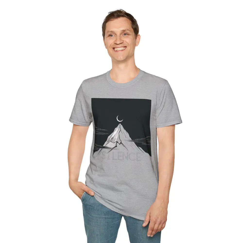 Light grey unisex softstyle T-shirt with mountain and crescent moon graphic, low heat tumble dry