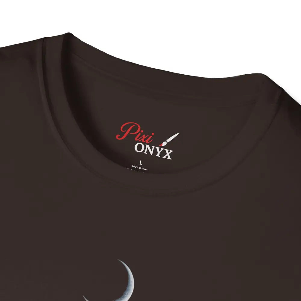 Dark brown softstyle t-shirt with white crescent moon design, ribbed knit collar, outdoor-inspired style