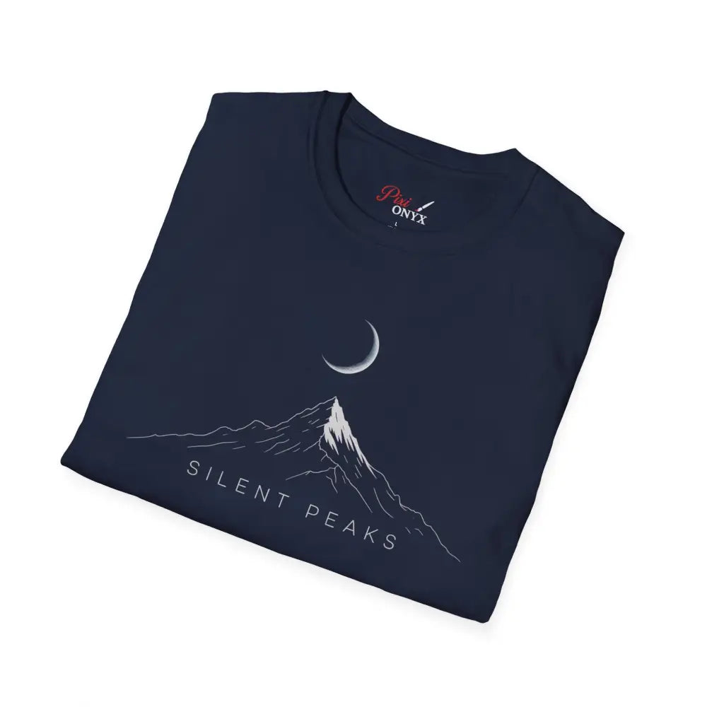 Folded navy blue softstyle t-shirt designed with mountain and crescent moon graphic, eco-friendly fabric