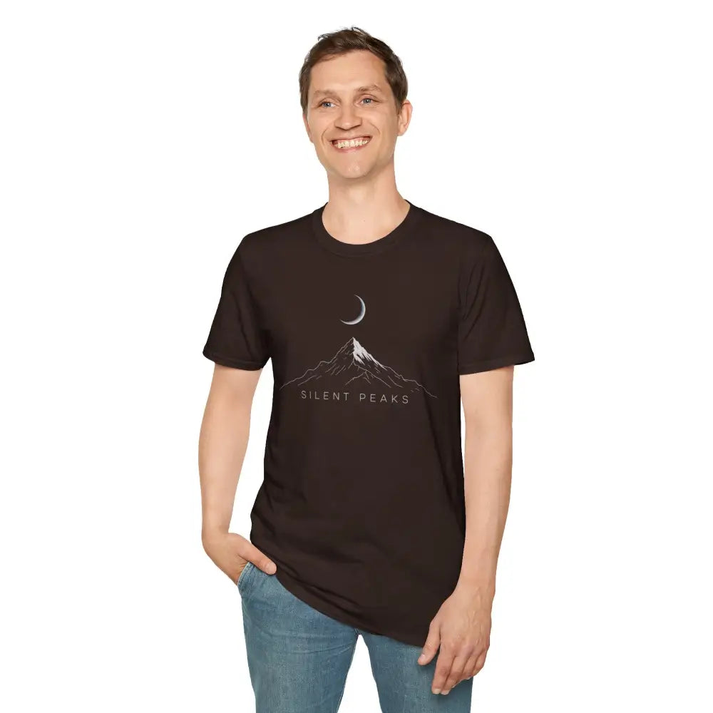 Dark brown softstyle t-shirt designed with mountain and crescent moon graphic, ribbed knit collar