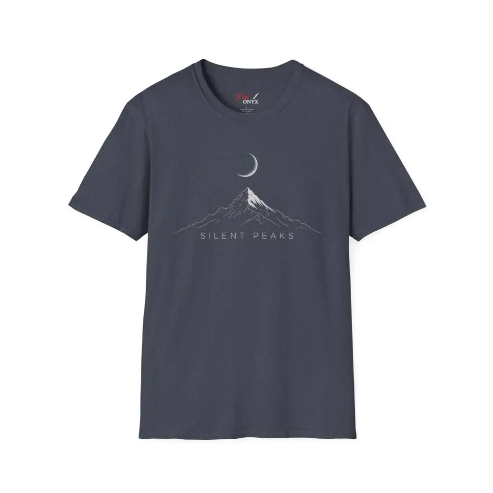 Dark grey softstyle t-shirt designed with mountain and moon graphic, ribbed knit collar