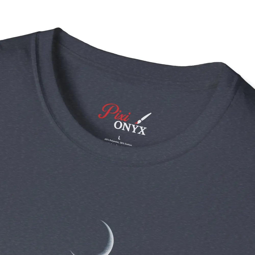 Dark gray softstyle t-shirt designed with a white crescent moon graphic and ribbed knit collar