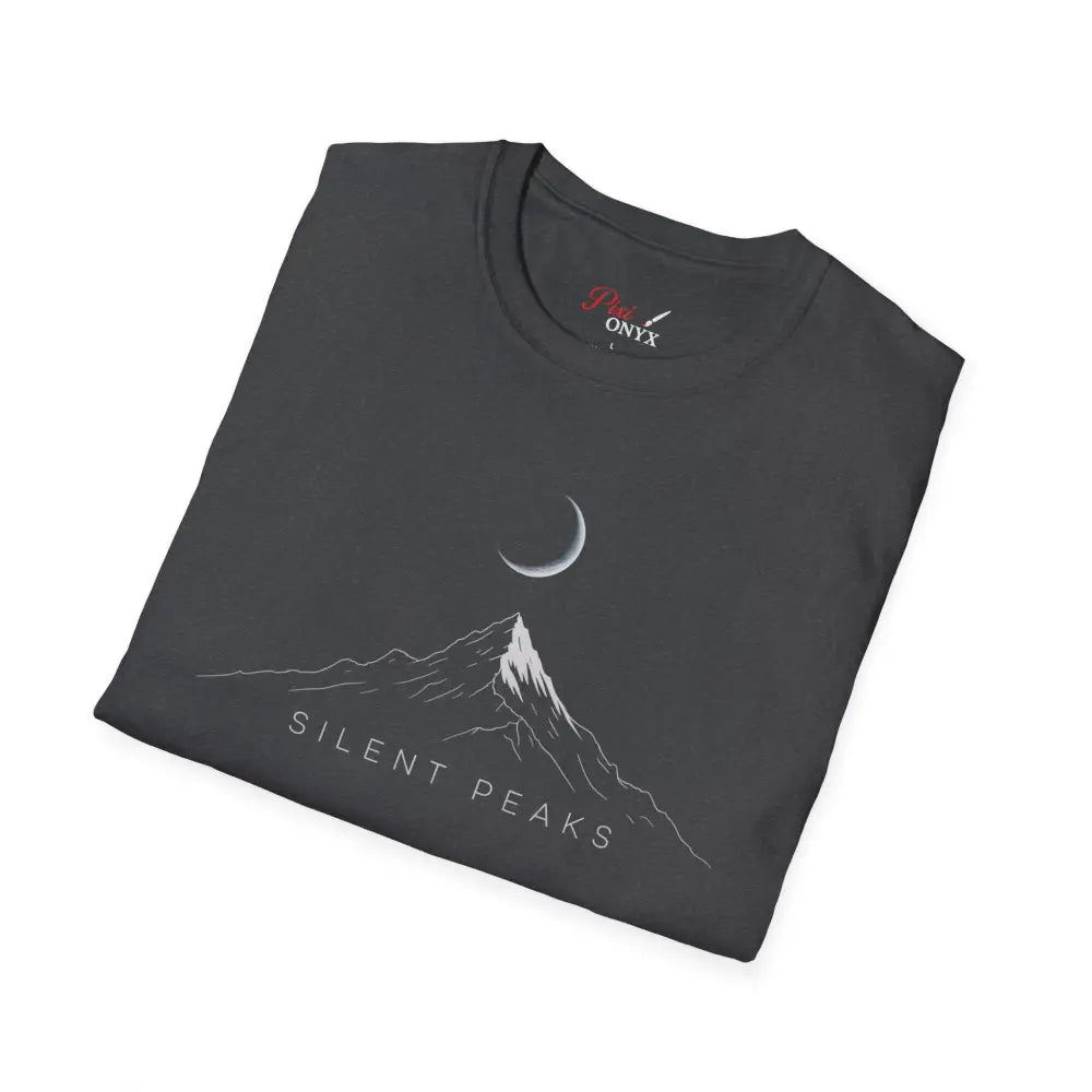 Dark gray softstyle t-shirt designed with a white crescent moon and mountain graphic