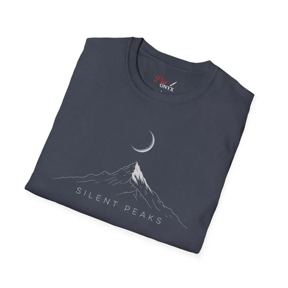 Dark gray softstyle t-shirt designed with mountain and crescent moon graphic, eco-friendly, ribbed knit collar