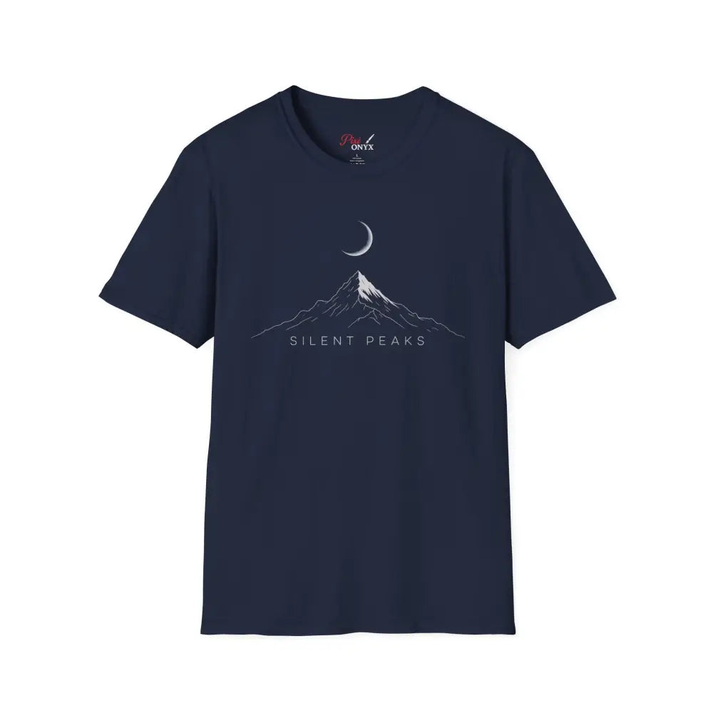 Dark blue softstyle t-shirt designed with mountain and crescent moon graphic, eco-friendly fabric waste reduction