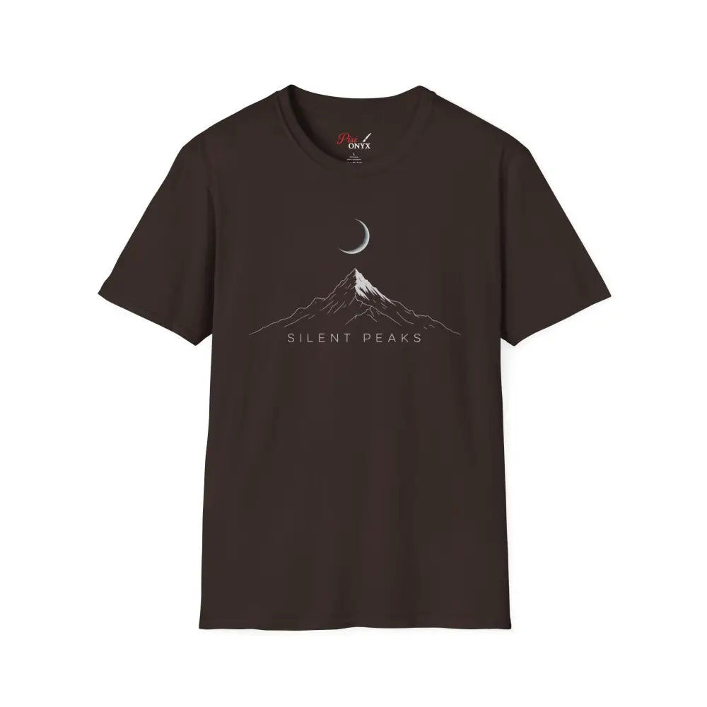 Dark brown softstyle t-shirt designed with mountain and crescent moon graphic, eco-friendly and ribbed collar