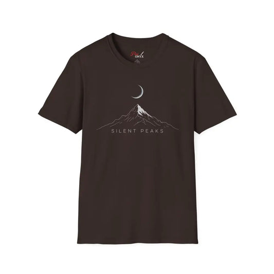 Dark brown softstyle t-shirt designed with mountain and crescent moon graphic, eco-friendly and ribbed collar