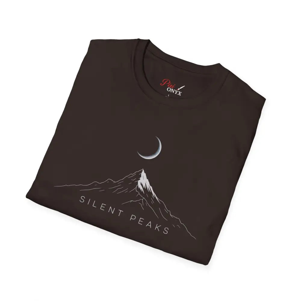 Dark brown softstyle t-shirt designed with mountain and crescent moon graphic, eco-friendly fabric