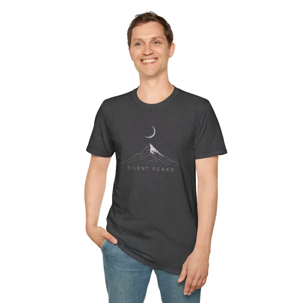 Dark gray softstyle t-shirt designed with mountain and crescent moon, ribbed knit collar