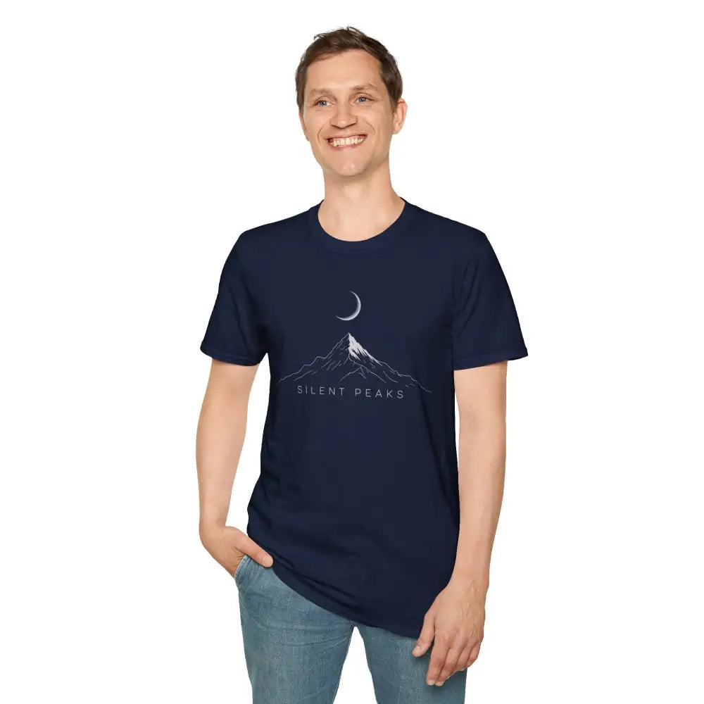 Man in navy softstyle t-shirt with mountain and moon graphic, eco-friendly design