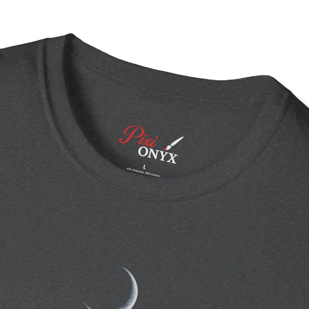 Dark gray softstyle t-shirt with printed label and ribbed knit collar, eco-friendly design