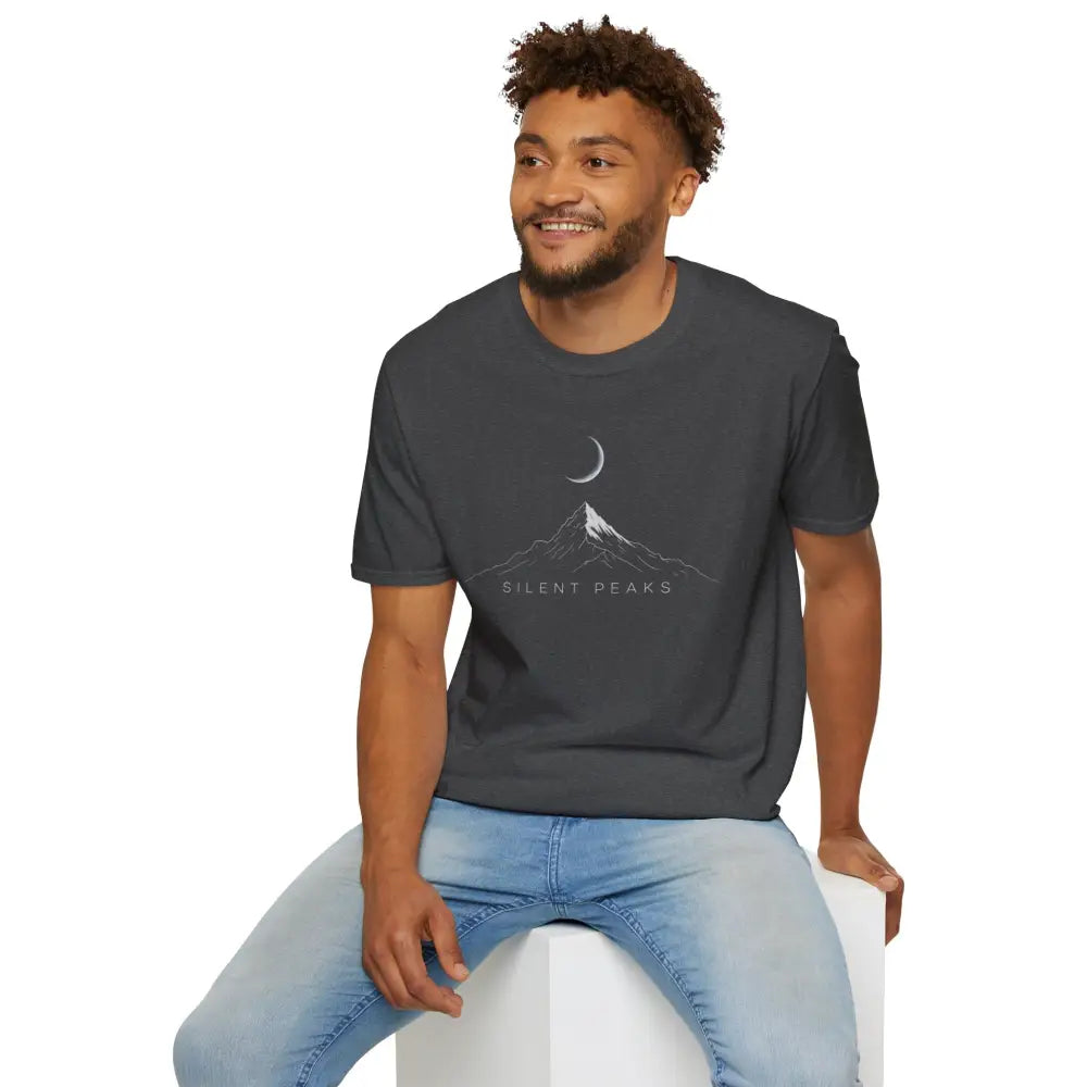 Dark grey softstyle t-shirt designed with a mountain and crescent moon graphic, ribbed knit collar