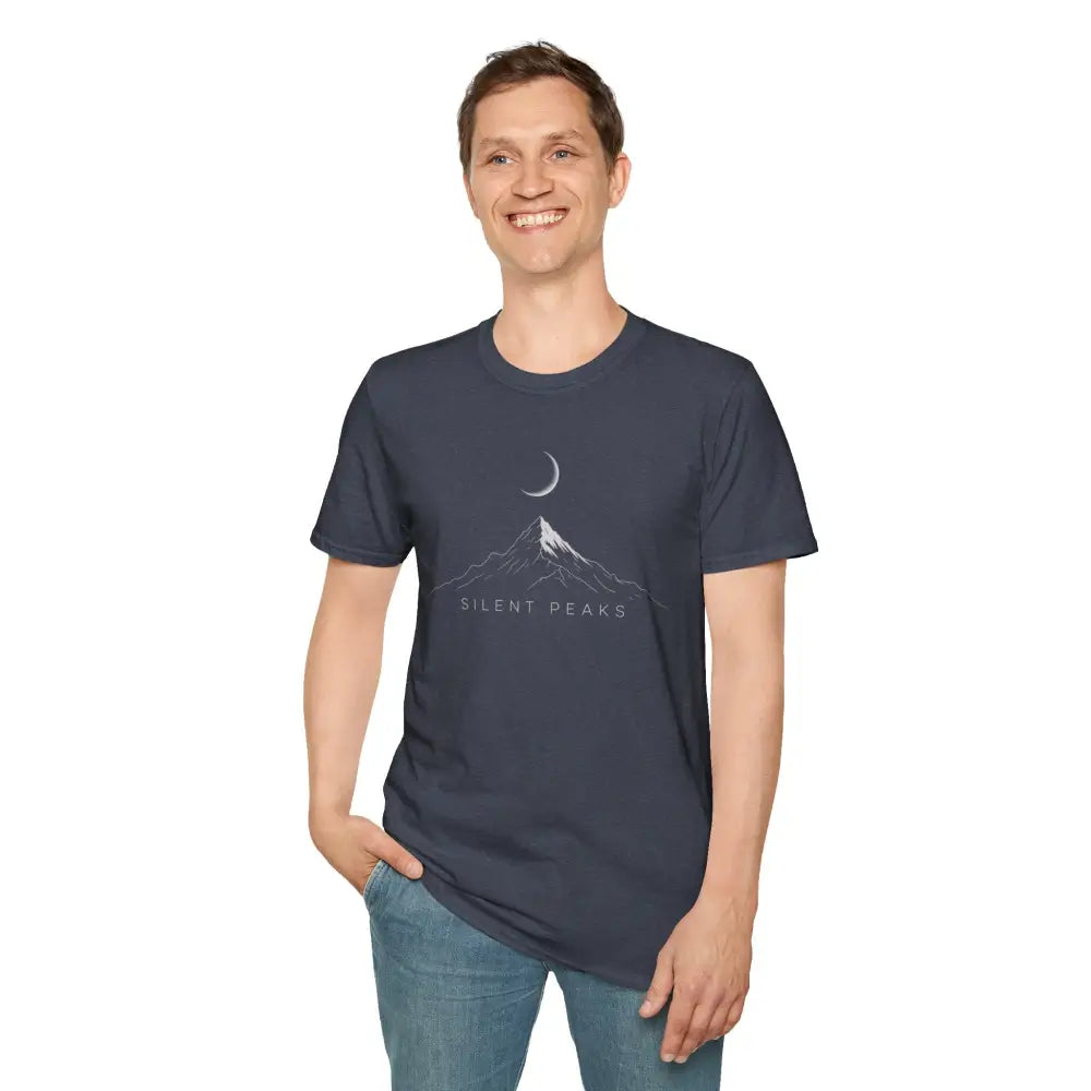 Men’s navy softstyle t-shirt with mountain and crescent moon graphic, ribbed knit collar