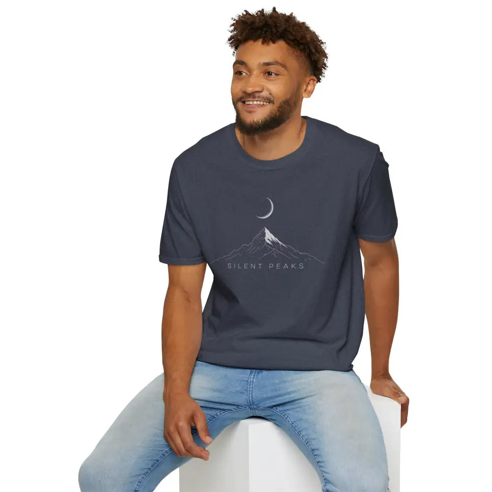Smiling man modeling a mountain and crescent moon graphic softstyle t-shirt with ribbed knit collar