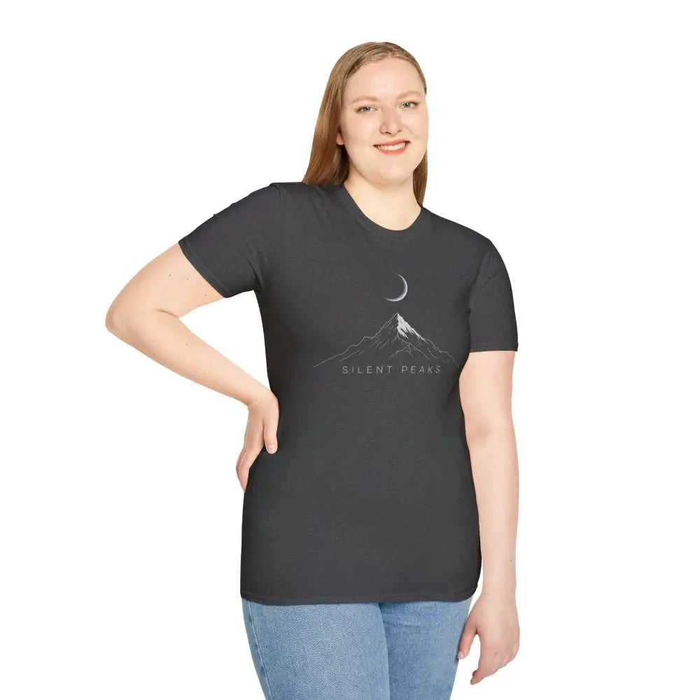 Woman’s charcoal gray softstyle t-shirt with crescent moon and mountain graphic, eco-friendly design