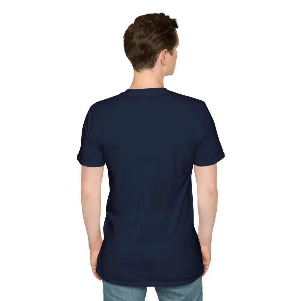 Back of a dark blue softstyle t-shirt designed with reduced fabric waste and ribbed knit collar