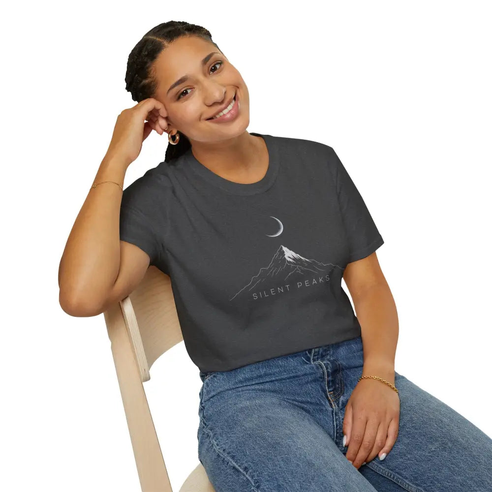 Dark gray softstyle t-shirt designed with mountain and crescent moon graphic, eco-friendly fit