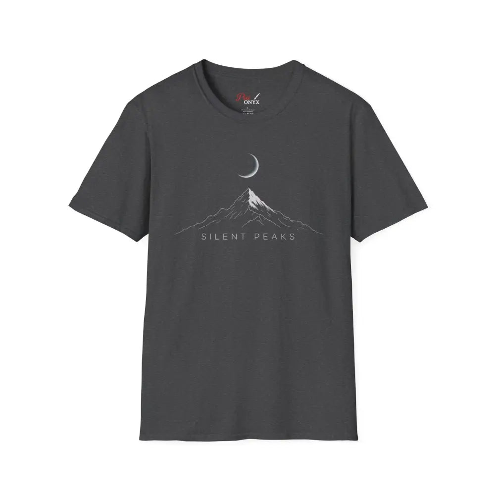 Dark grey softstyle t-shirt designed with mountain and crescent moon graphic, eco-friendly fit