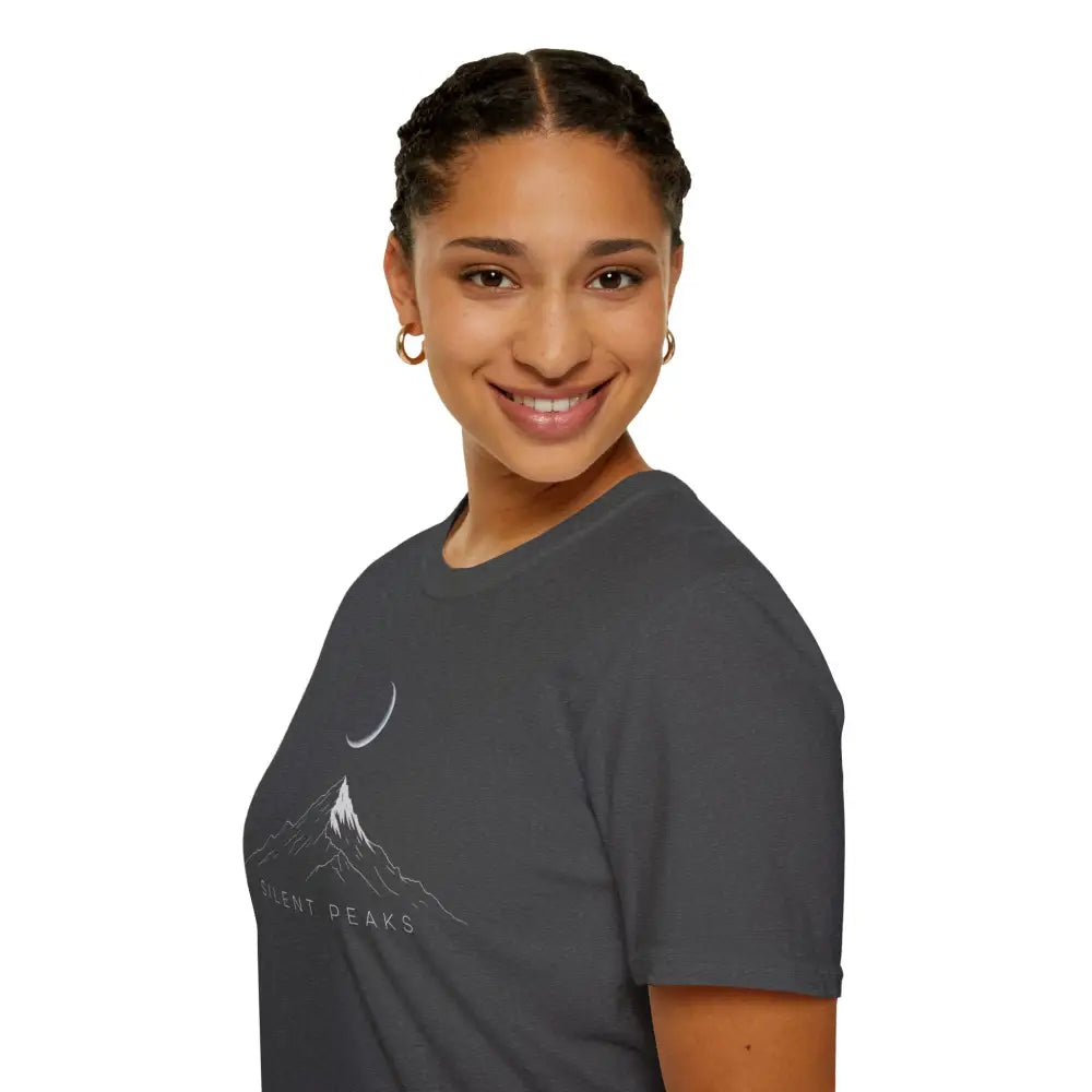 Dark gray softstyle t-shirt designed with mountain and moon graphic, reduced fabric waste, ribbed knit collar