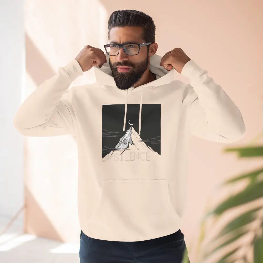 Bearded man in white Mountain Vibes Fleece Unisex Hoodie with mountain graphic