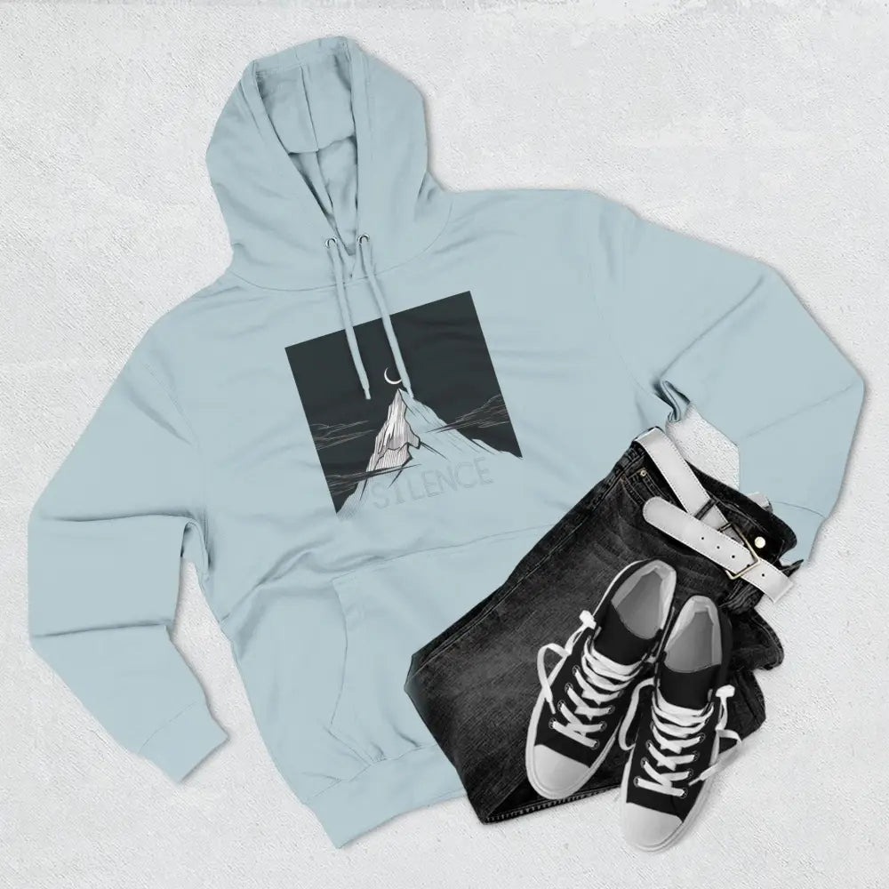 Light blue Mountain Vibes Fleece Unisex Hoodie with mountain and crescent moon graphic