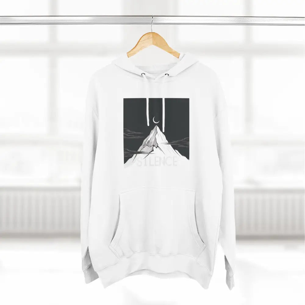 White hooded sweatshirt with mountain and moon graphic from Mountain Vibes Fleece Unisex Hoodie
