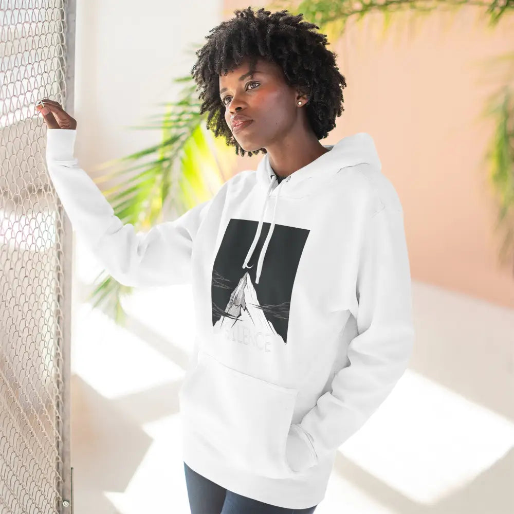 White pullover hoodie with black mountain graphic from Mountain Vibes Fleece Unisex Hoodie