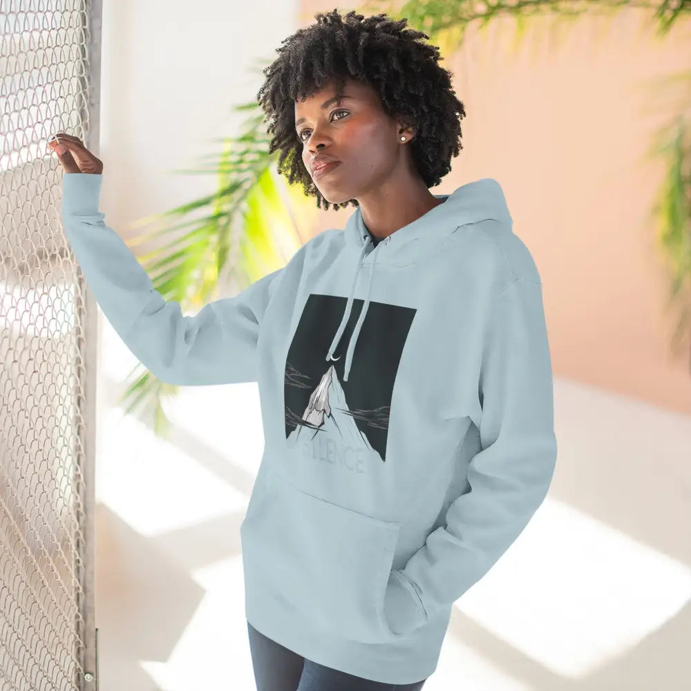 Light blue Mountain Vibes Fleece Unisex Hoodie with mountain graphic and low heat comfort