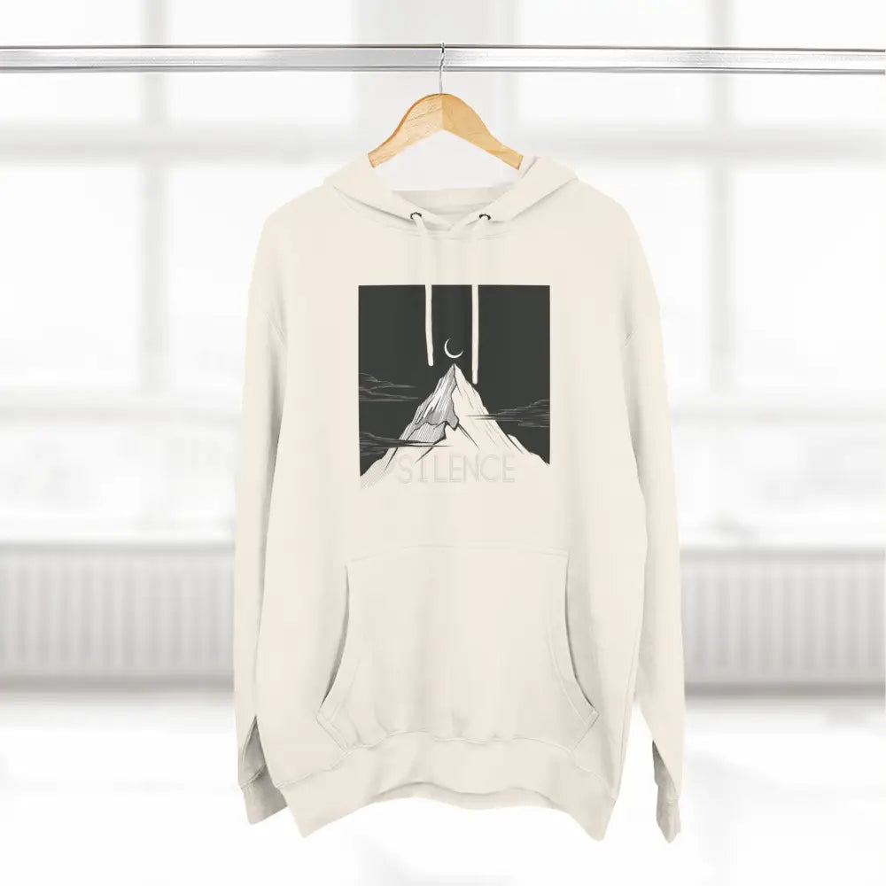 Cream-colored Mountain Vibes Fleece Unisex Hoodie with mountain graphic and low heat warmth