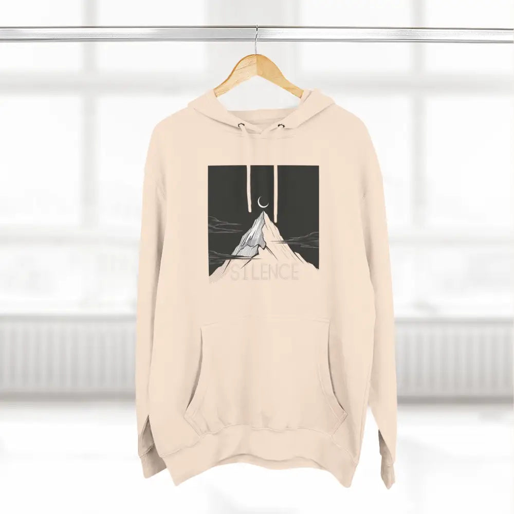 Cream-colored Mountain Vibes Fleece Unisex Hoodie with mountain and crescent moon graphic
