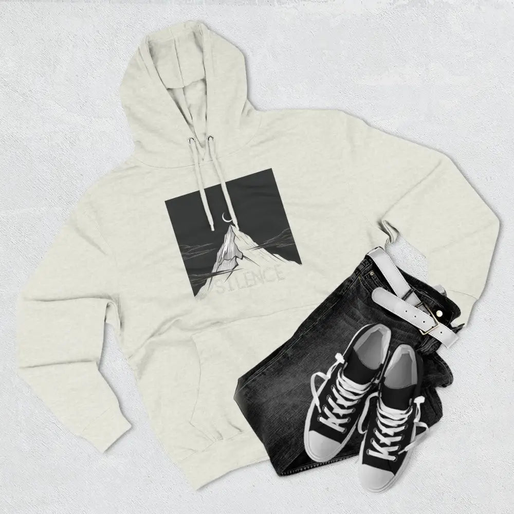 Cream-colored Mountain Vibes Fleece unisex hoodie with mountain and crescent moon graphic