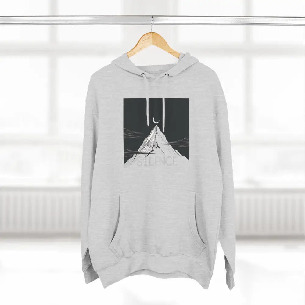 White hooded sweatshirt with dark mountain and crescent moon graphic from Mountain Vibes Fleece Unisex Hoodie
