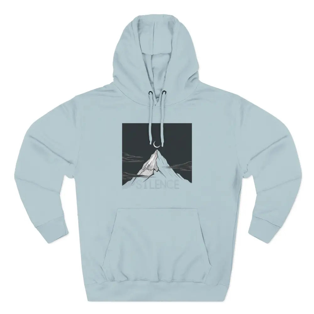 Light blue Mountain Vibes Fleece Unisex Hoodie with mountain and crescent moon graphic