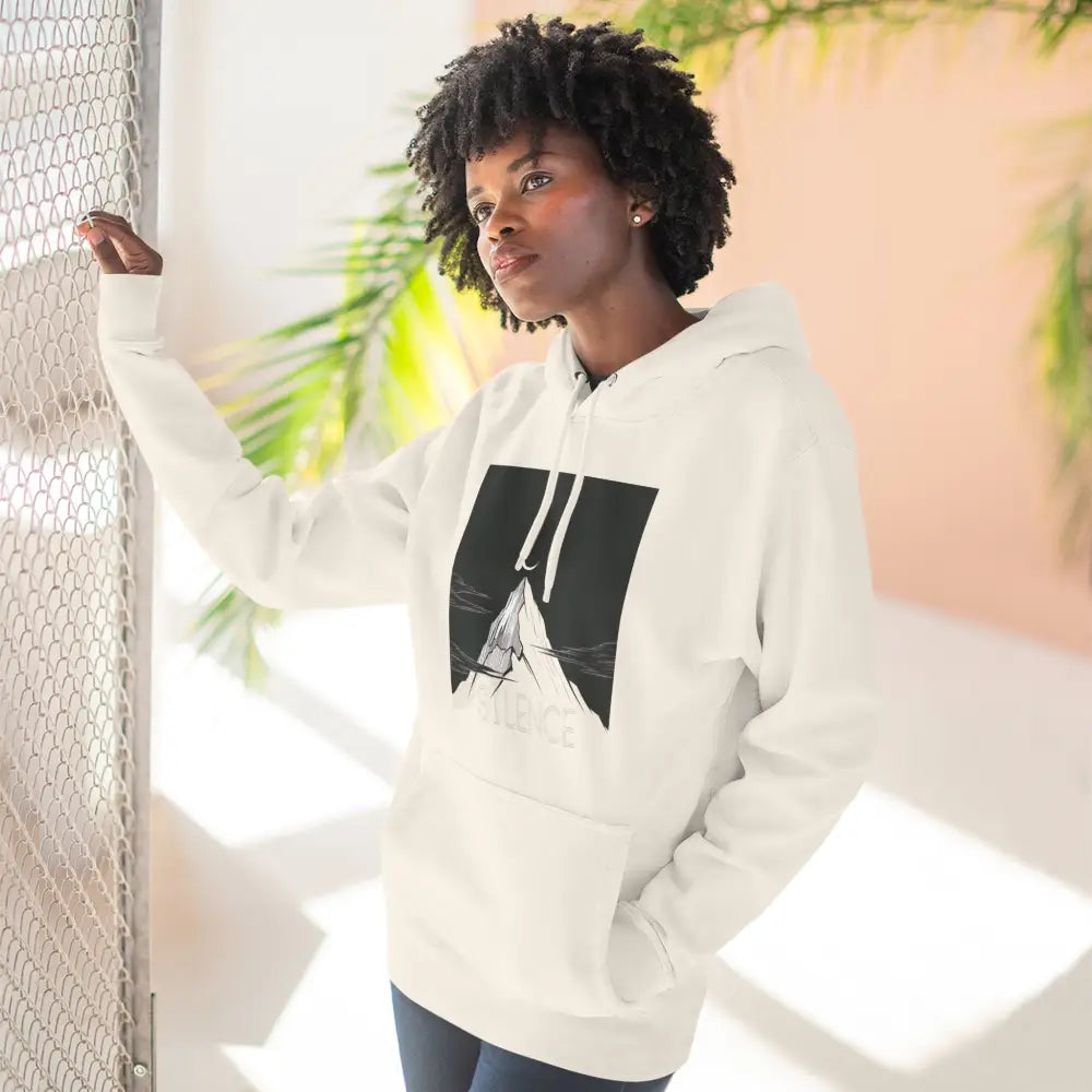 White hoodie with mountain graphic from Mountain Vibes Fleece Unisex Hoodie collection