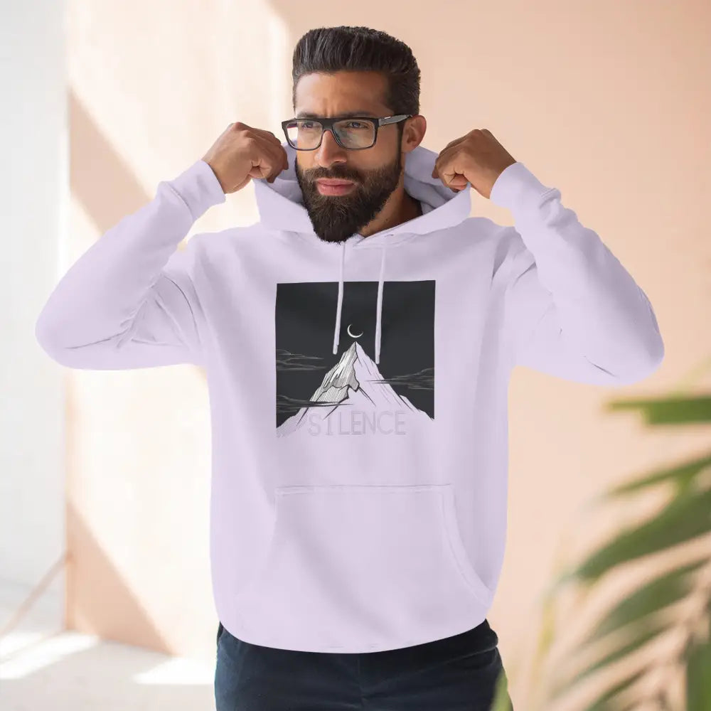 White Mountain Vibes Fleece Unisex Hoodie with mountain and crescent moon graphic for outdoor style