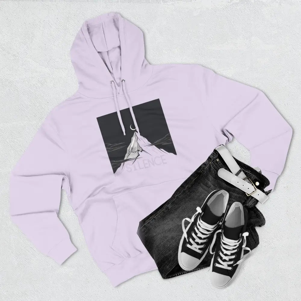 Light purple Mountain Vibes Fleece Unisex Hoodie with black mountain graphic and crescent moon