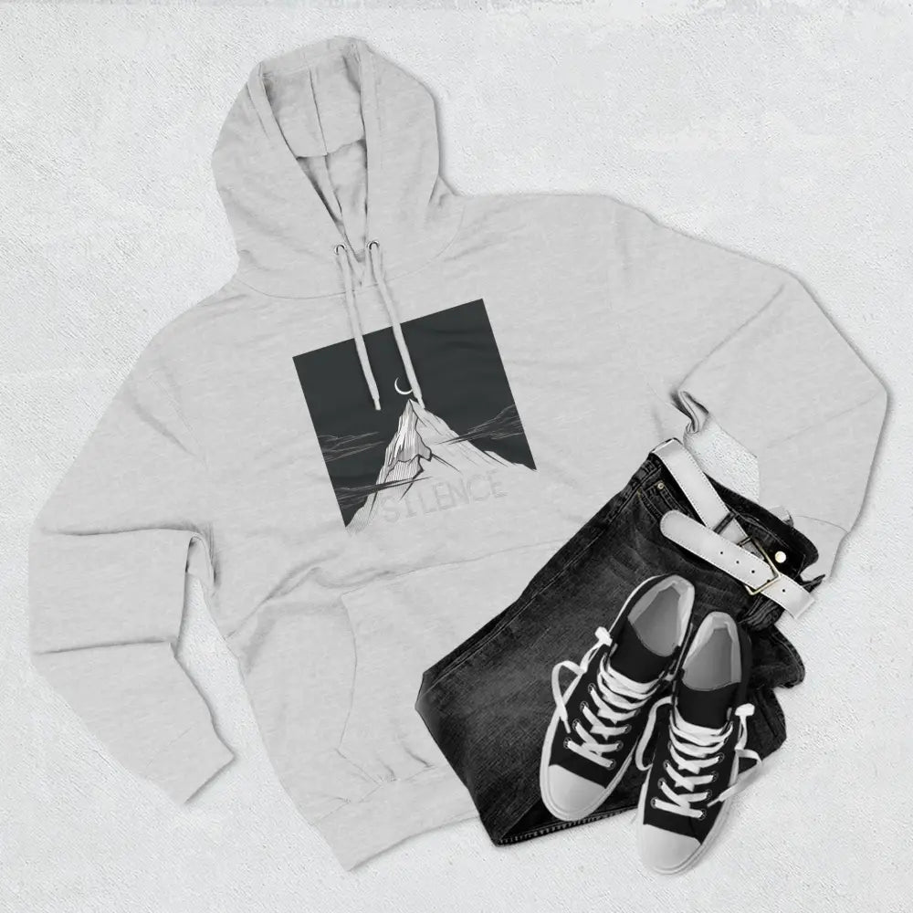 White hooded sweatshirt with mountain and crescent moon graphic from Mountain Vibes Fleece Unisex Hoodie