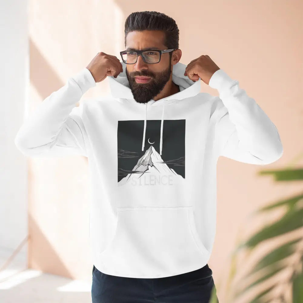 White Mountain Vibes Fleece Unisex Hoodie with black mountain graphic and crescent moon