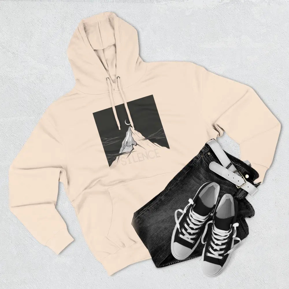 Light peach Mountain Vibes Fleece Unisex Hoodie with black mountain and moon graphic