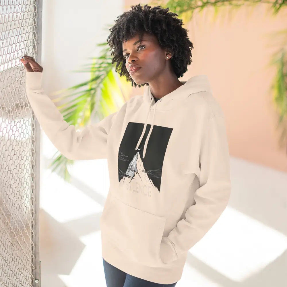 Off-white Mountain Vibes Fleece Unisex Hoodie with mountain graphic and cozy design