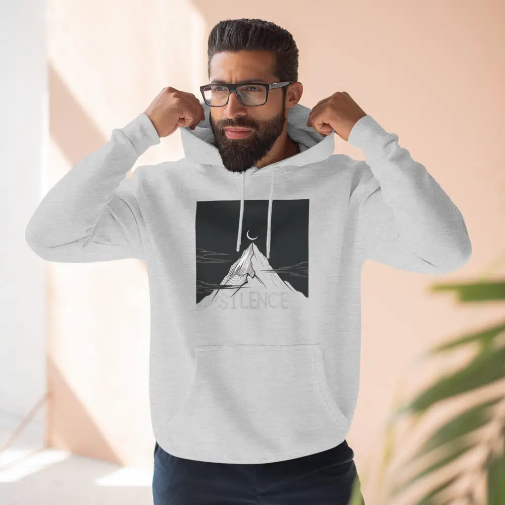 White hoodie with black and white mountain graphic from Mountain Vibes Fleece Unisex Hoodie