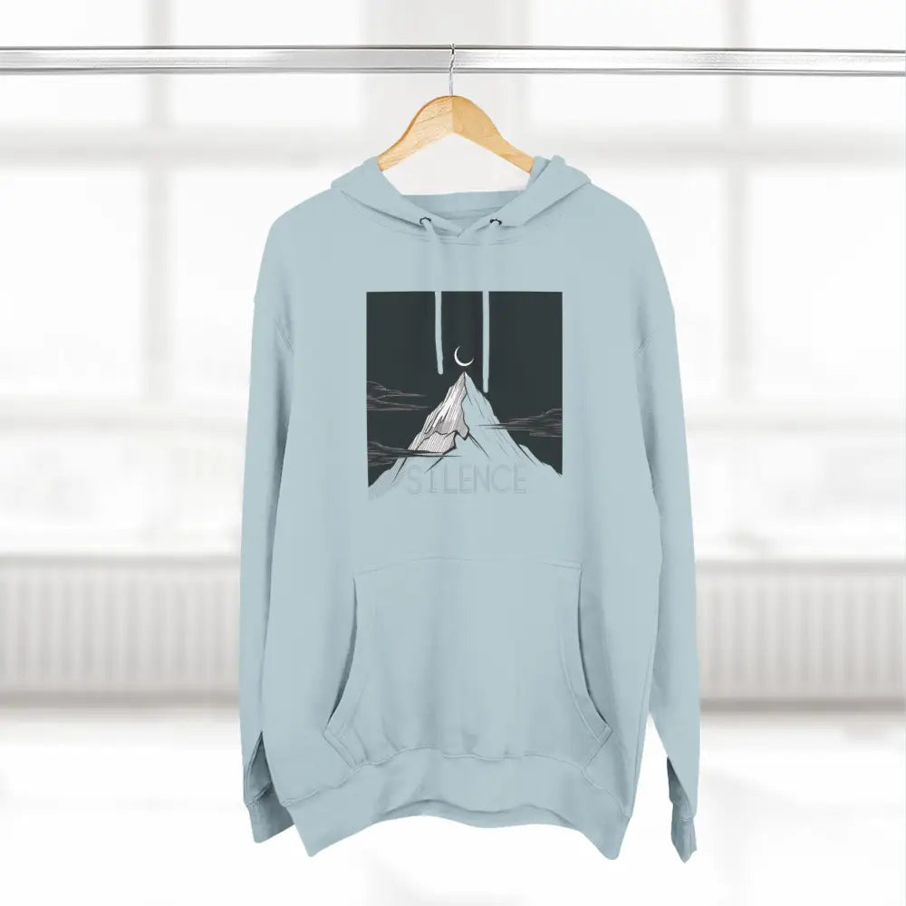 Light blue Mountain Vibes Fleece unisex hoodie with mountain and crescent moon graphic