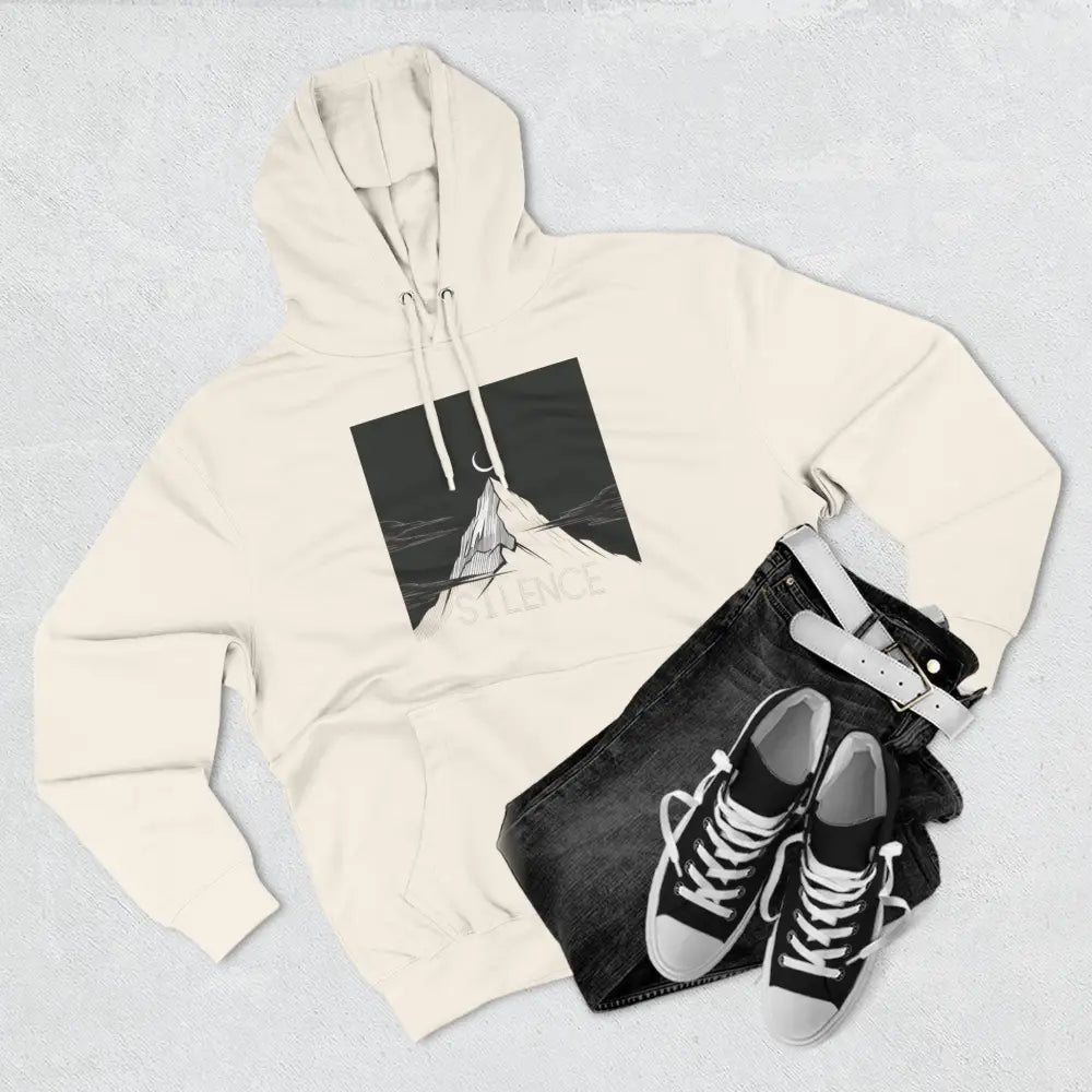 Cream-colored Mountain Vibes Fleece unisex hoodie with black and white mountain graphic