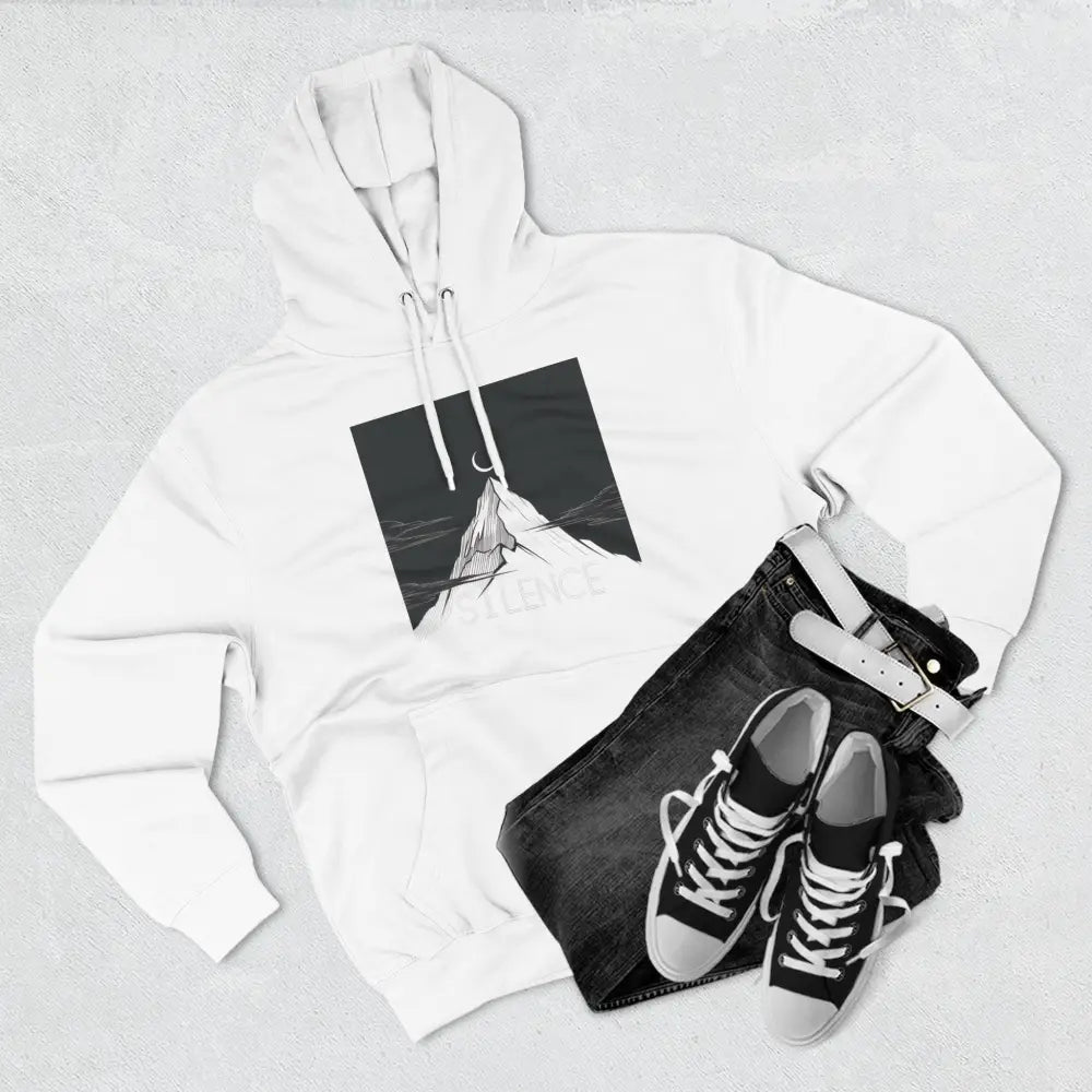 White Mountain Vibes Fleece Unisex Hoodie with mountain and crescent moon graphic