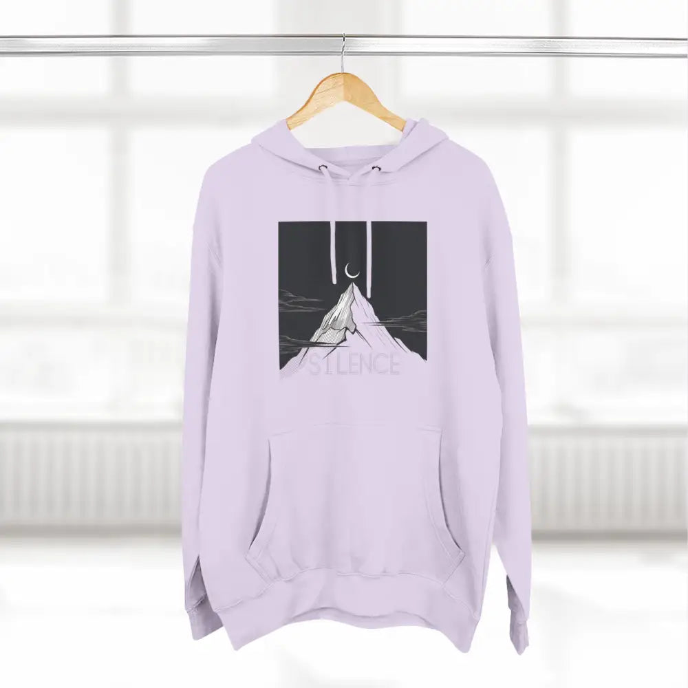 Light purple Mountain Vibes Fleece unisex hoodie with black and white mountain graphic